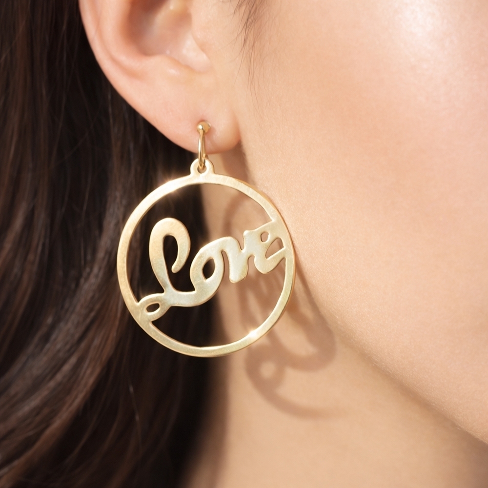 Elegant Gold-tone "Love" Hoop Dangle Earrings – Nickel-Free, Women's Jewelry